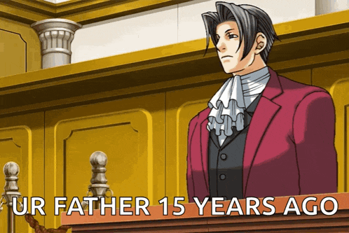 a man in a red suit stands in front of a podium with the words " ur father 15 years ago "