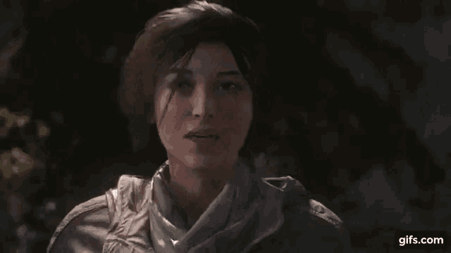 a close up of a woman 's face with a scarf around her neck in a video game .
