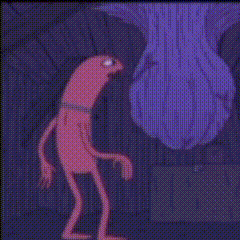 a group of cartoon characters are standing in front of a purple monster .