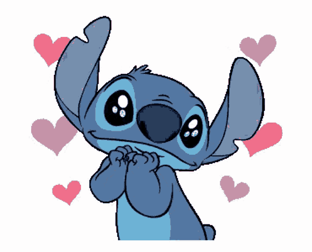 a cartoon of stitch with hearts around him