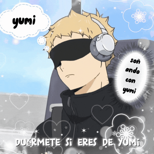 a cartoon of a man wearing headphones with the word yumi in the background