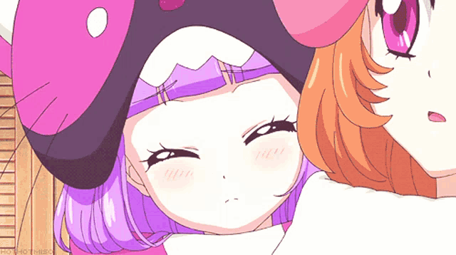 a drawing of a girl with purple hair and a cat hat