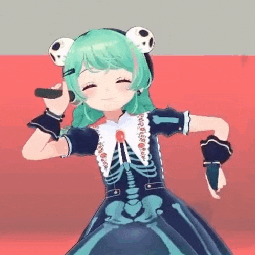 a 3d anime girl with green hair and a skeleton dress is holding a microphone .