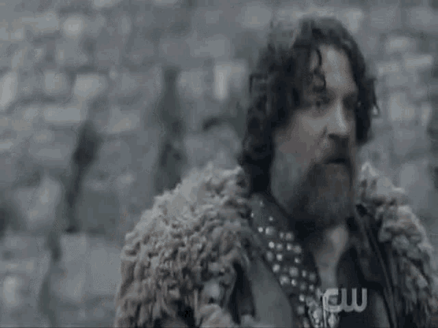 a man with a beard and a fur coat is standing in front of a stone wall and says you 're welcome .
