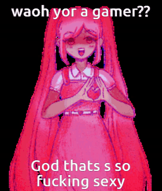 a pixel art of a girl making a heart with her hands and the words waoh yor a gamer
