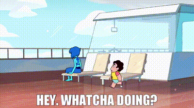 a cartoon of steven universe characters sitting on lawn chairs on a deck .
