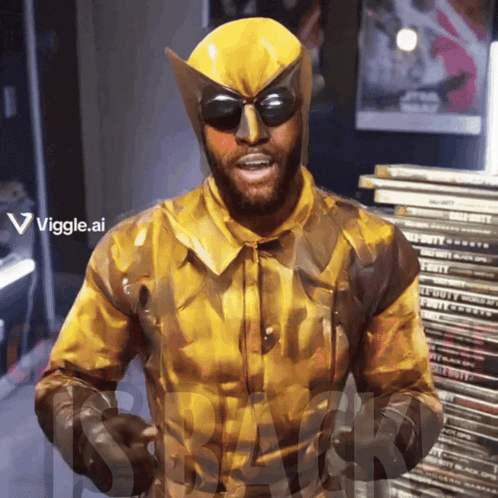a man in a yellow superhero costume is standing in front of a pile of books