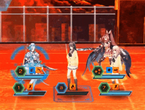 a video game shows a girl with a sword and a girl with wings