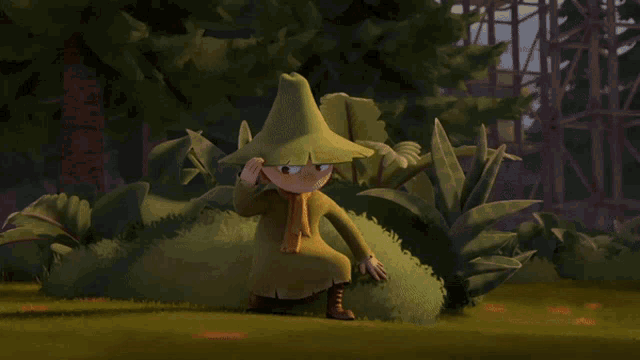 a group of cartoon characters standing in a grassy area