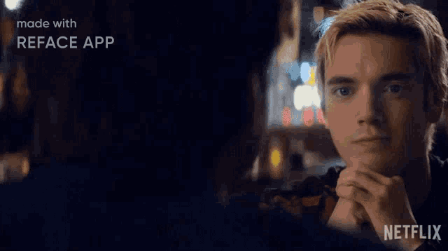 a man with blonde hair is looking at another man with a netflix logo in the corner