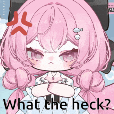 a drawing of a girl with pink hair and the words " what the heck " below her