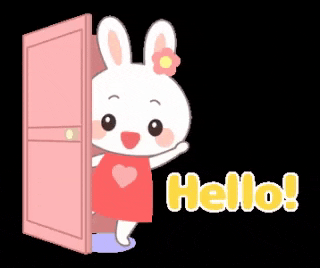 a cartoon bunny is standing in front of an open door and says hello .