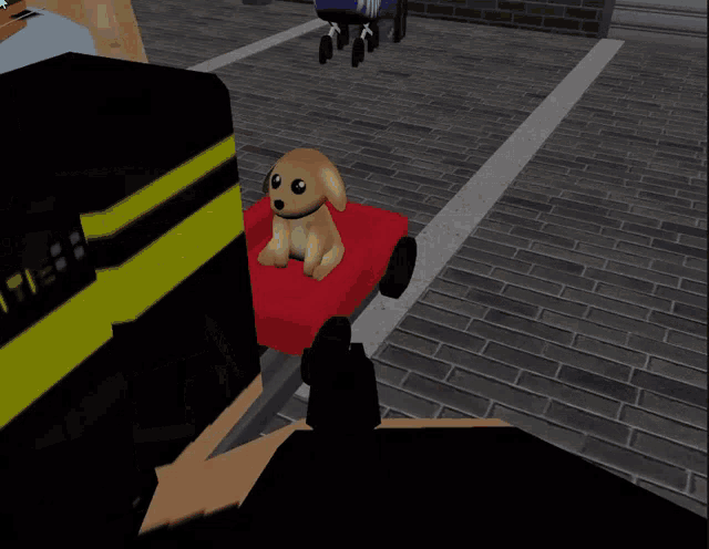 a toy dog is sitting on top of a red car in a parking lot