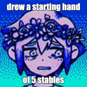 a drawing of a girl with a flower crown on her head with the words drew a starting hand of 5 stables