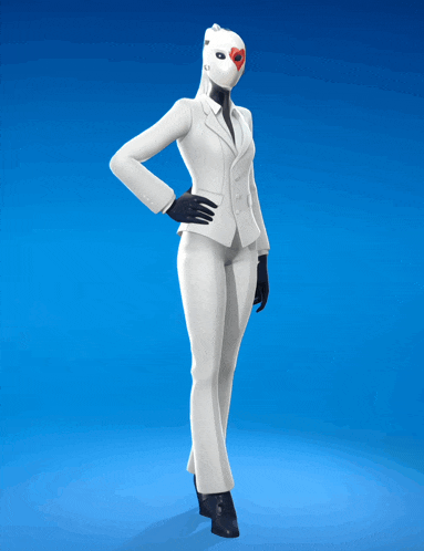 a woman in a white suit has a mask on her head