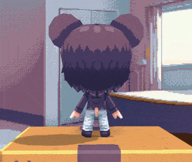 a pixel art drawing of a girl standing on a wooden box