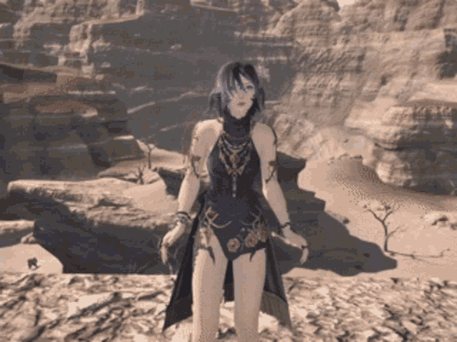 a woman in a halter top is standing on a rocky hillside