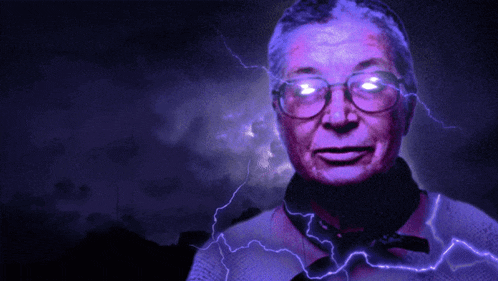 a woman with glasses is surrounded by lightning strikes