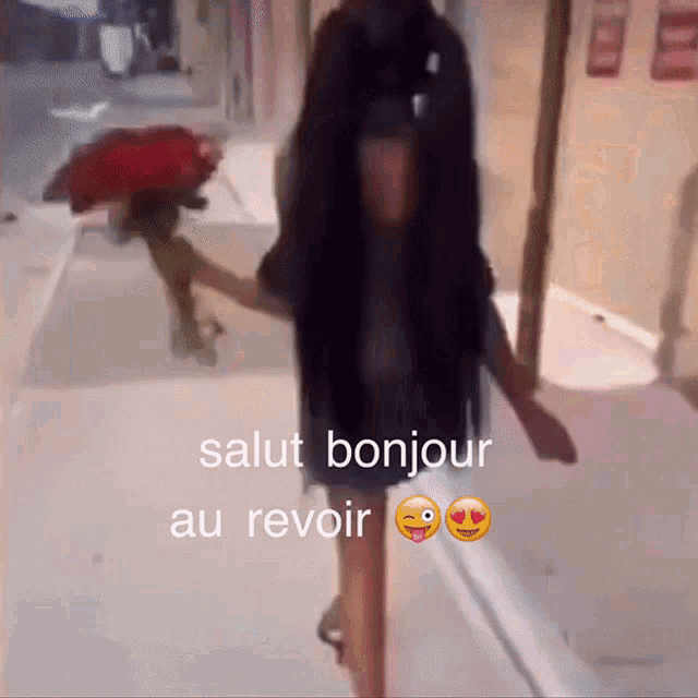 a blurred image of a woman holding a bouquet of red roses with the words salut bonjour au revoir below her