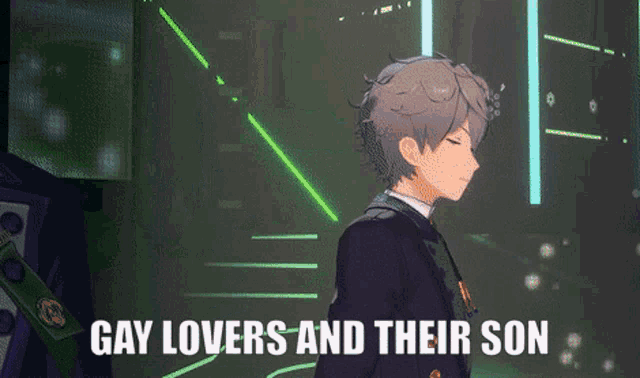 a picture of a boy in a suit with the words gay lovers and their son below him