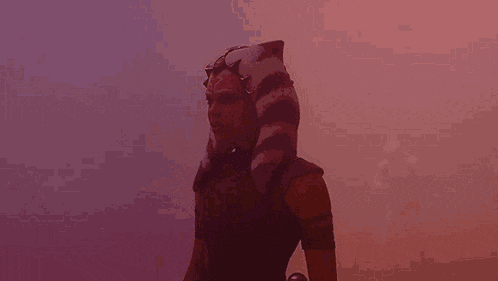 a woman in a mask is standing in front of a sunset with a group of people standing in the background .