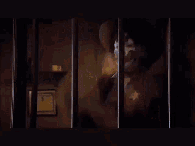 a man in a cowboy hat is behind bars in a cell .
