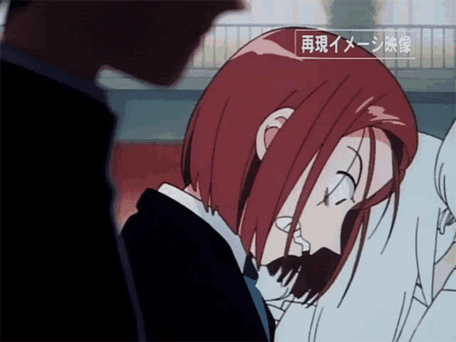 a cartoon of a woman with red hair and a sign that says ' 再 現 イメージ 映像 '