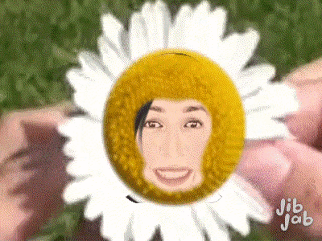 a person holding a daisy with a face on it and jib jab written below it