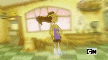 a cartoon character is dancing in a room with cn on the bottom