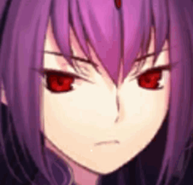 a close up of a girl with purple hair and red eyes making a funny face .