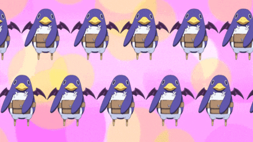 a row of penguins with bat wings and a yellow beak on a pink background