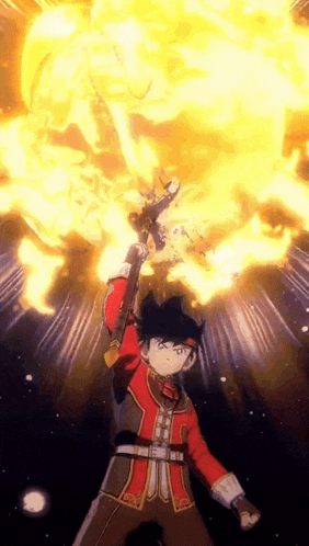 a man in a red jacket is holding a sword in front of a large fireball