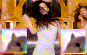 a woman in a white dress is dancing in front of a gold background with a dog in the foreground .