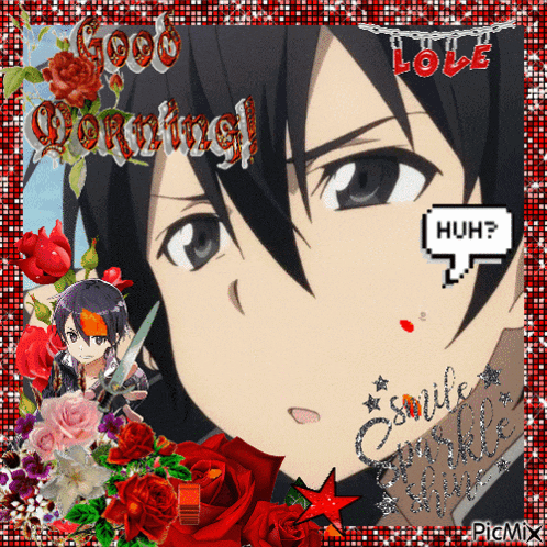 a picture of a sword art online character with the words good morning lol