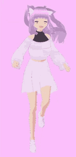 a 3d anime girl with purple hair and white ears