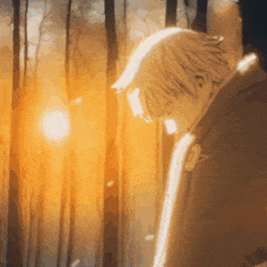 a drawing of a person in a forest with the sun behind them
