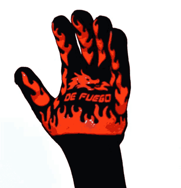 a hand wearing a black and red glove that says de fuego on it