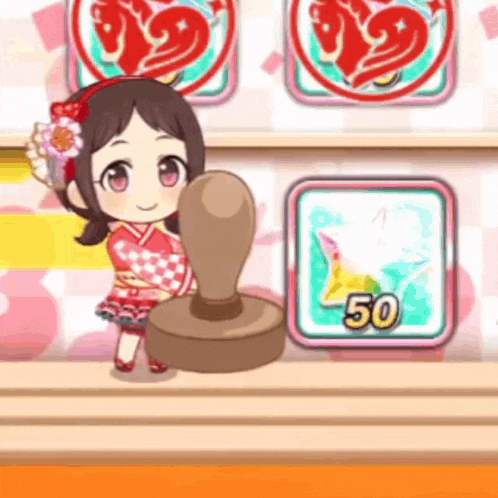a girl in a kimono is holding a stamp in a game .