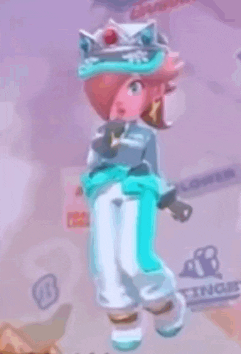 a cartoon character wearing a hat and pants is standing on a purple surface .