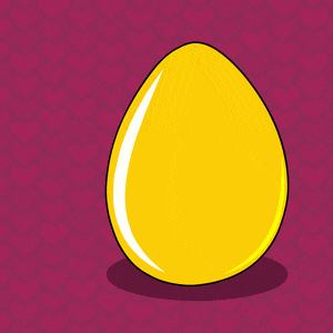 a blue and white penguin is sitting inside of a yellow egg surrounded by pink hearts