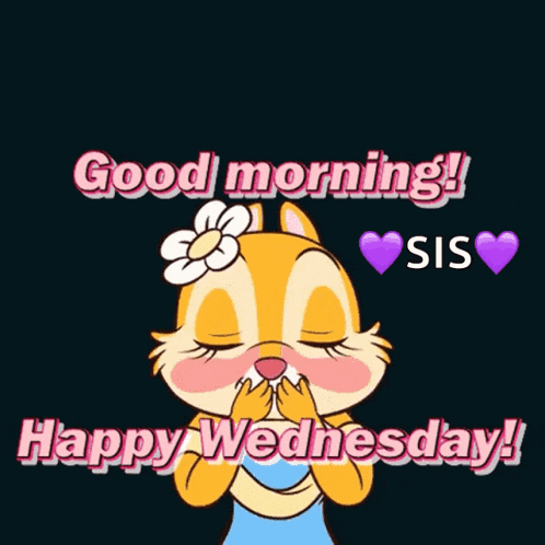 a cartoon chipmunk is surrounded by pink hearts and says good morning happy wednesday