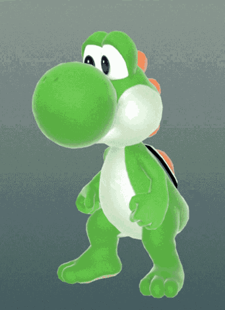 a green and white yoshi cartoon character with a gray background