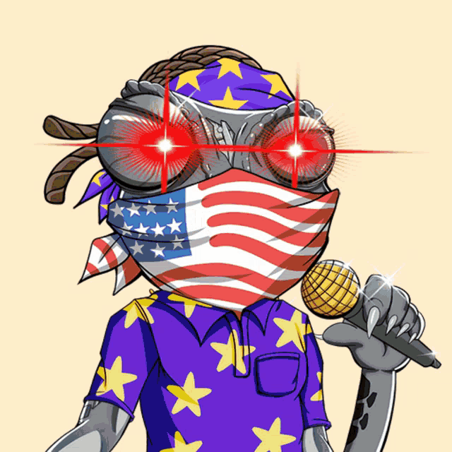 a cartoon drawing of a person wearing an american flag bandana and holding a microphone