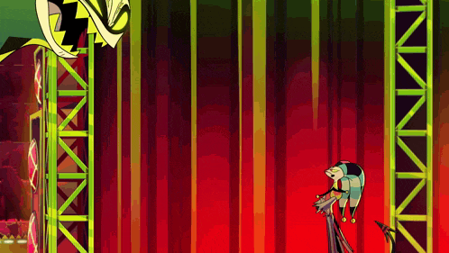 a cartoon character is standing on a stage with a red curtain behind him