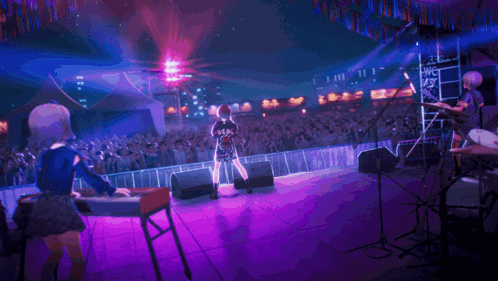 a girl singing on a stage in front of a crowd with a purple background