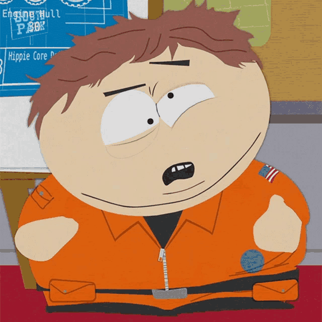 a cartoon character from south park is sitting in front of a sign that says engine hull park