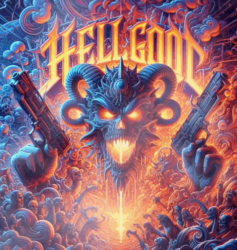 a painting of a skull with horns holding two guns and the word hell on it