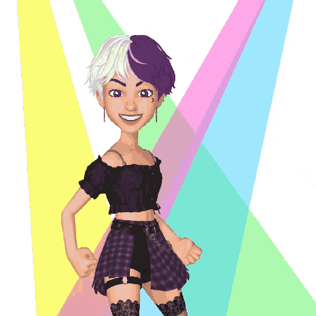 a cartoon girl with purple and white hair is standing in front of a rainbow background
