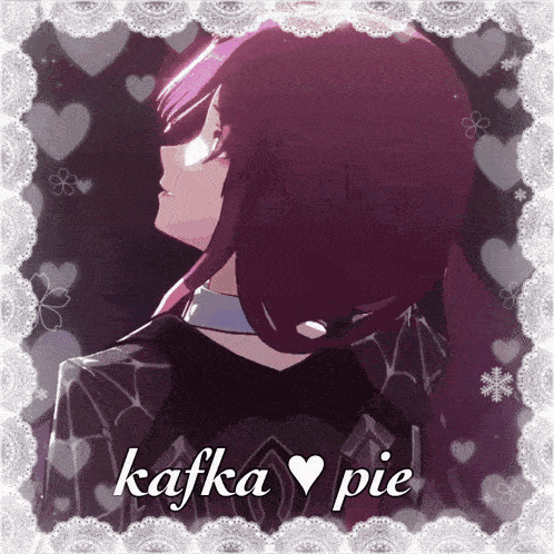 a picture of a girl with purple hair and the words kafka pie