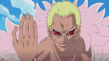 a cartoon character wearing pink feathers and sunglasses with a blue sky in the background